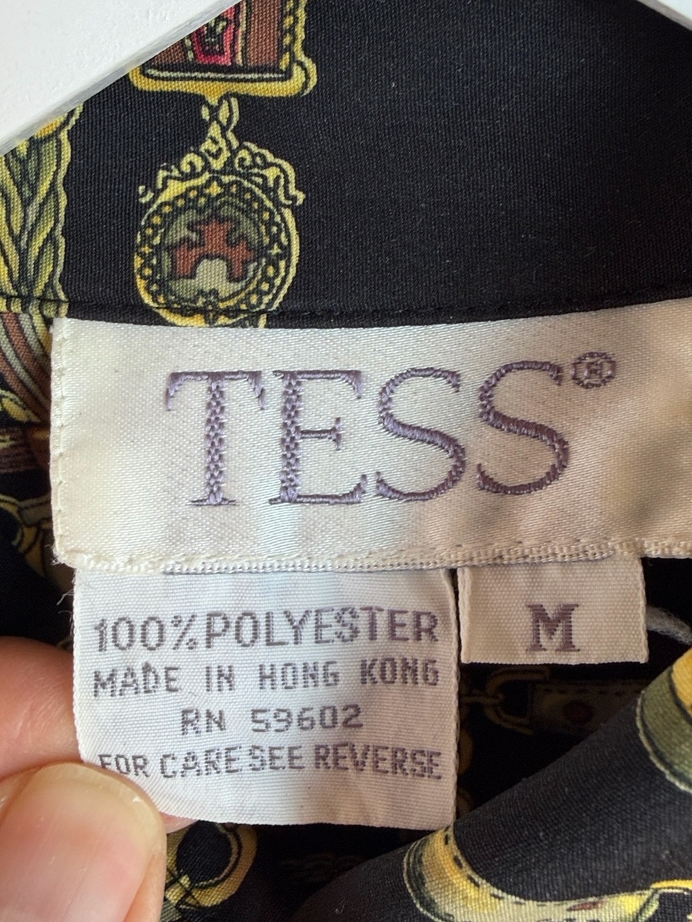 TESS Vintage Black Gold Chain Medallion Print Blouse Button Up M - Picture 3 of 10